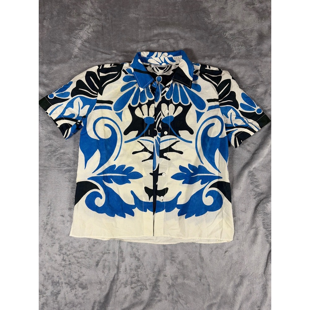 Zara Women Blue Black Floral Damask Button Down Short Sleeve Shirt Size Medium